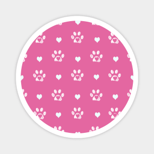 White doodle paw prints with pink hearts and pink background Magnet